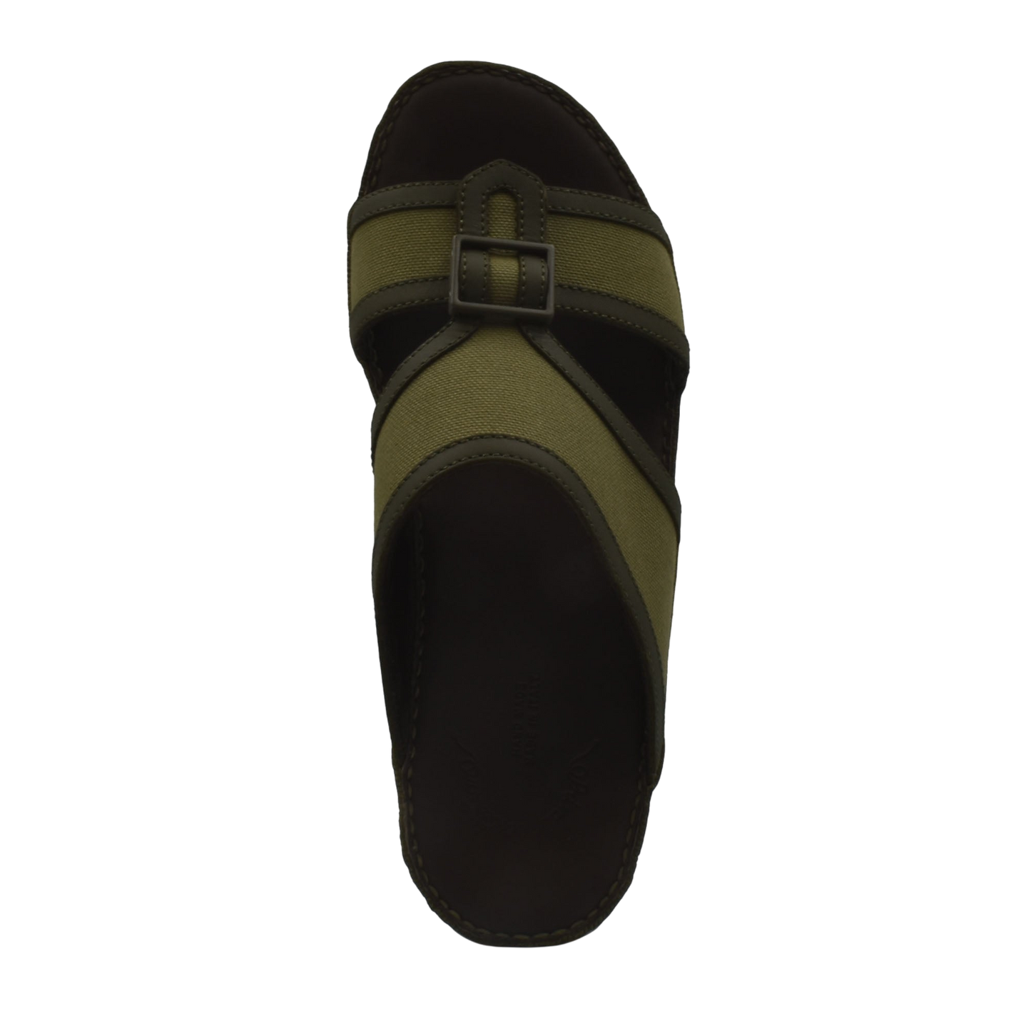 Top view of olive green and black softcalf comfort slip on sandals with buckle detail