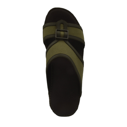 Top view of olive green and black softcalf comfort slip on sandals with buckle detail