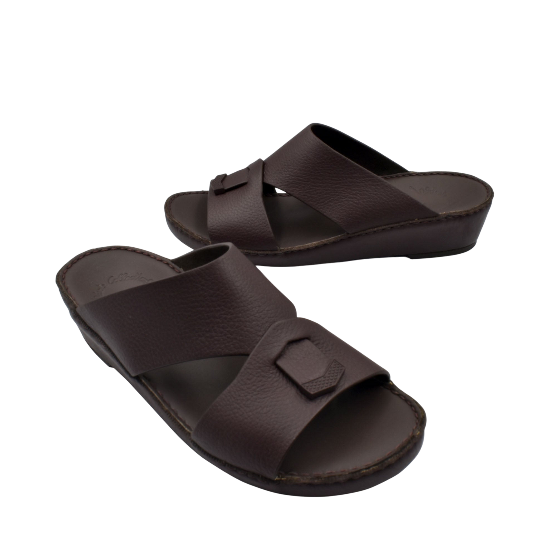 Trendy leather slide sandals in dark brown with wide straps and cushioned footbed from private collection