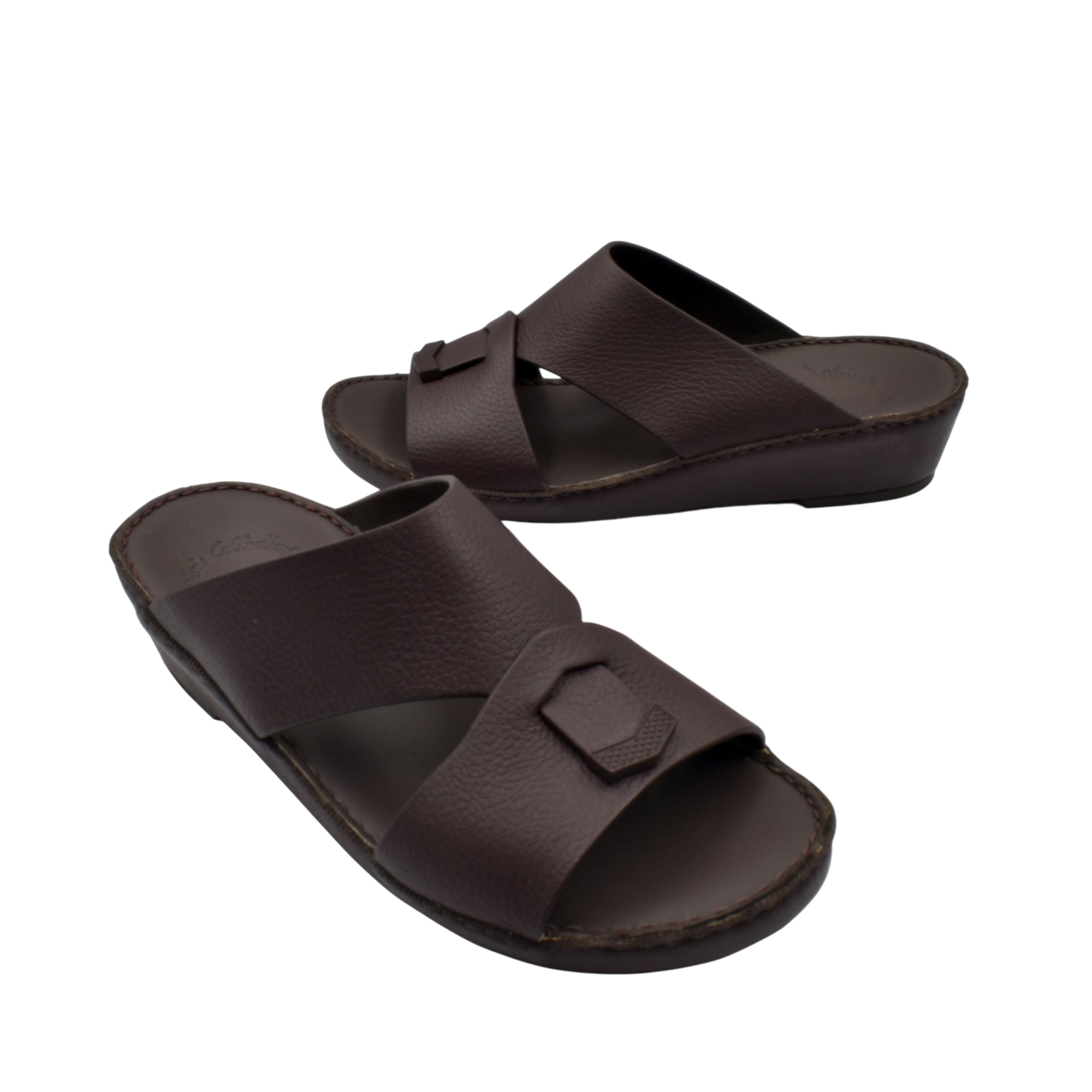 Trendy leather slide sandals in dark brown with wide straps and cushioned footbed from private collection