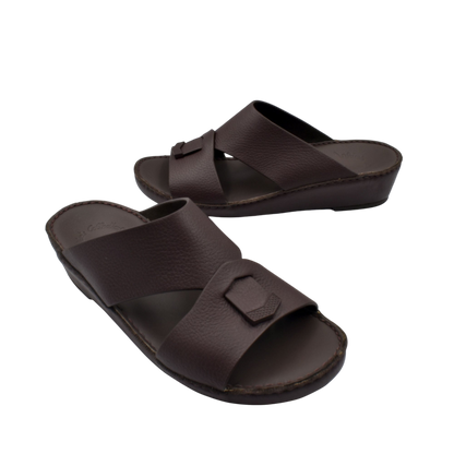 Trendy leather slide sandals in dark brown with wide straps and cushioned footbed from private collection