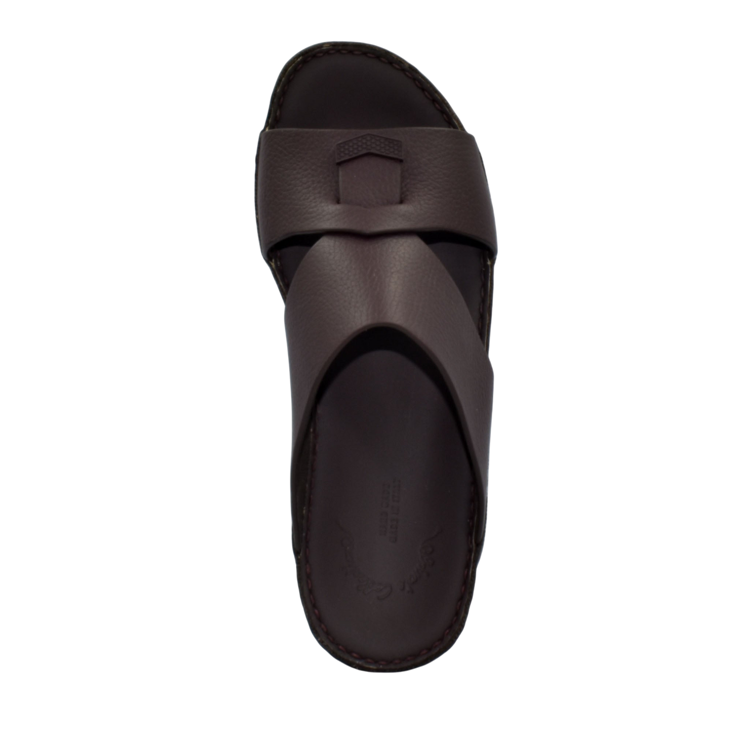 Dark brown trendy leather slide sandals with wide straps and cushioned sole for comfortable wear