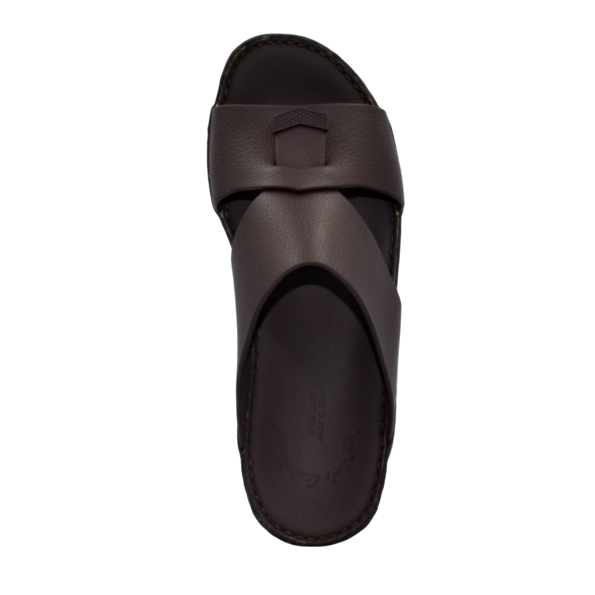 Dark brown trendy leather slide sandals with wide straps and cushioned sole for comfortable wear