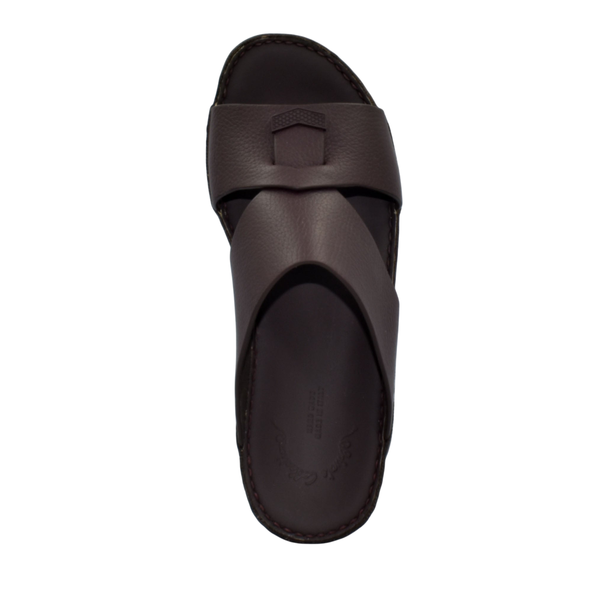 Dark brown trendy leather slide sandals with wide straps and cushioned sole for comfortable wear
