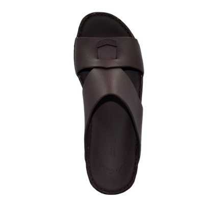 Dark brown trendy leather slide sandals with wide straps and cushioned sole for comfortable wear