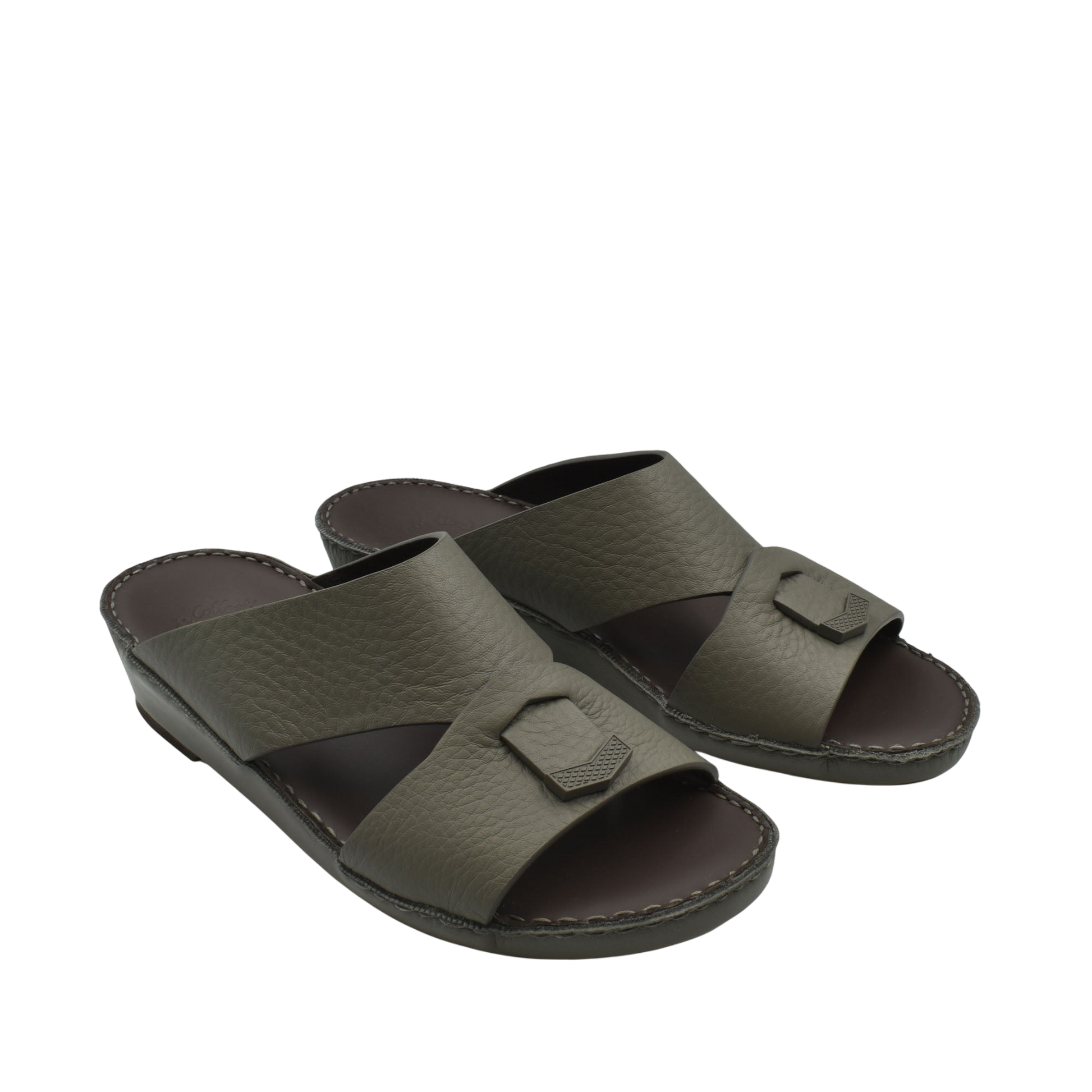 Dark brown trendy leather slide sandals with wide straps and cushioned sole from Private Collection