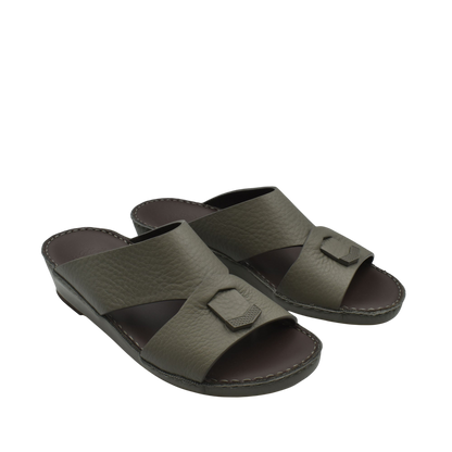 Dark brown trendy leather slide sandals with wide straps and cushioned sole from Private Collection