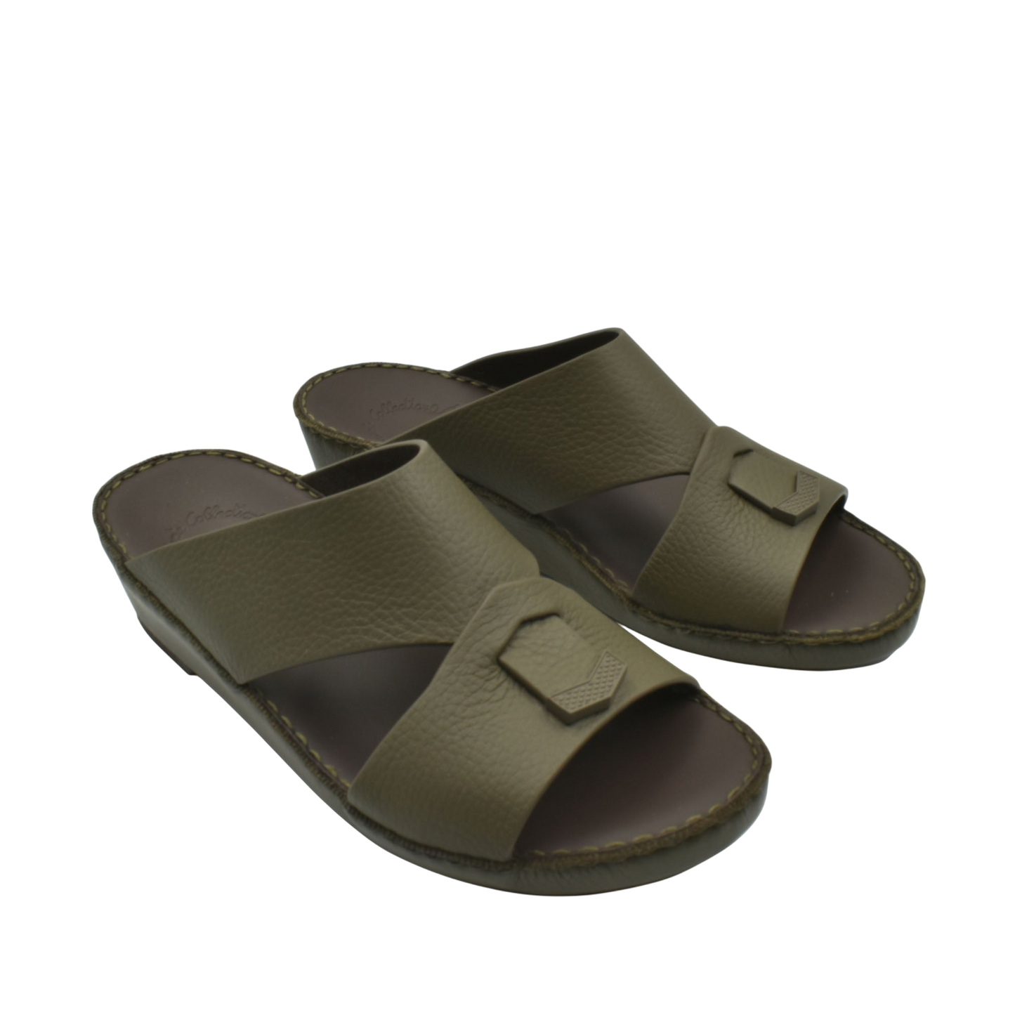 Trendy leather slide sandals in olive green with wide straps and buckle detail for casual wear
