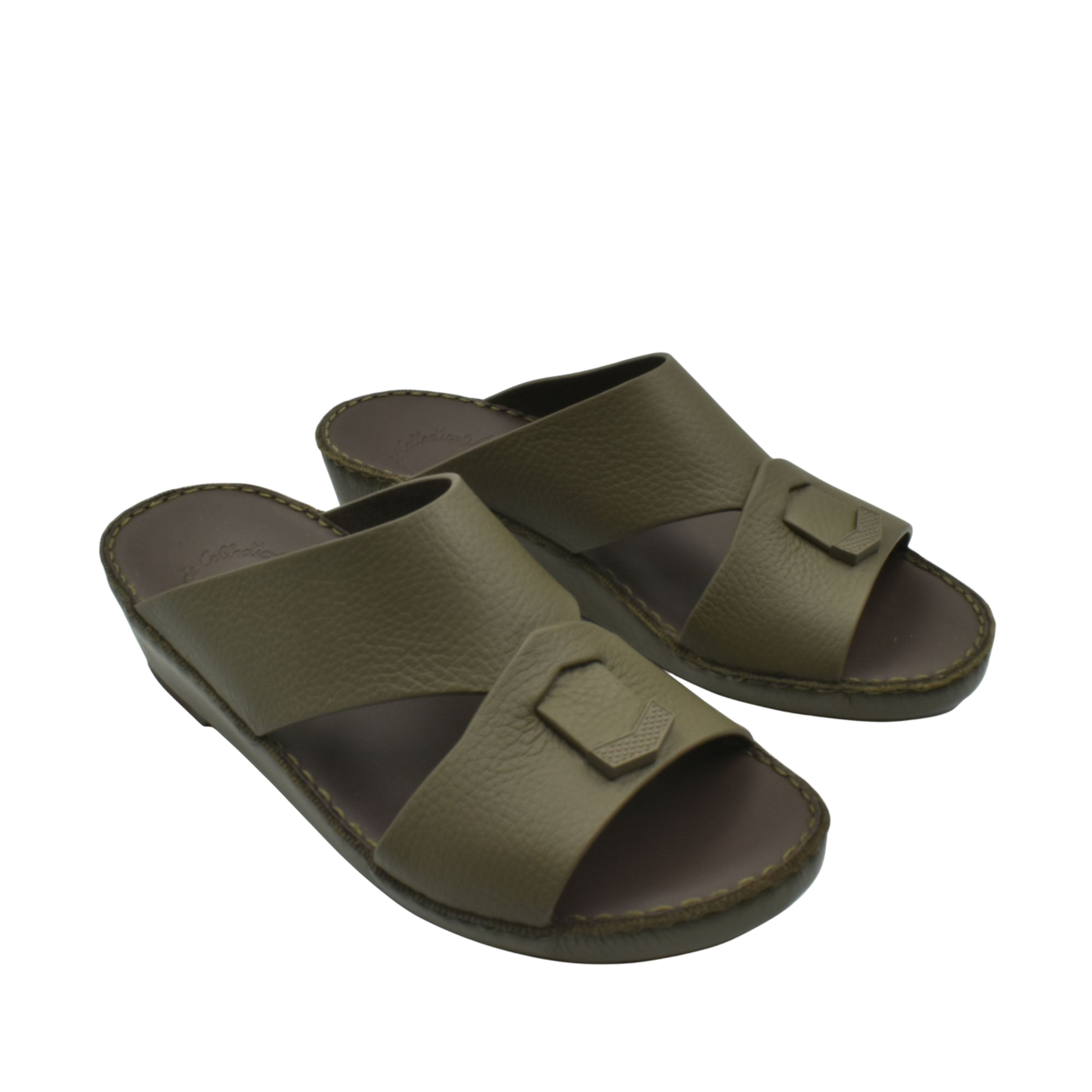 Trendy leather slide sandals in olive green with wide straps and buckle detail for casual wear