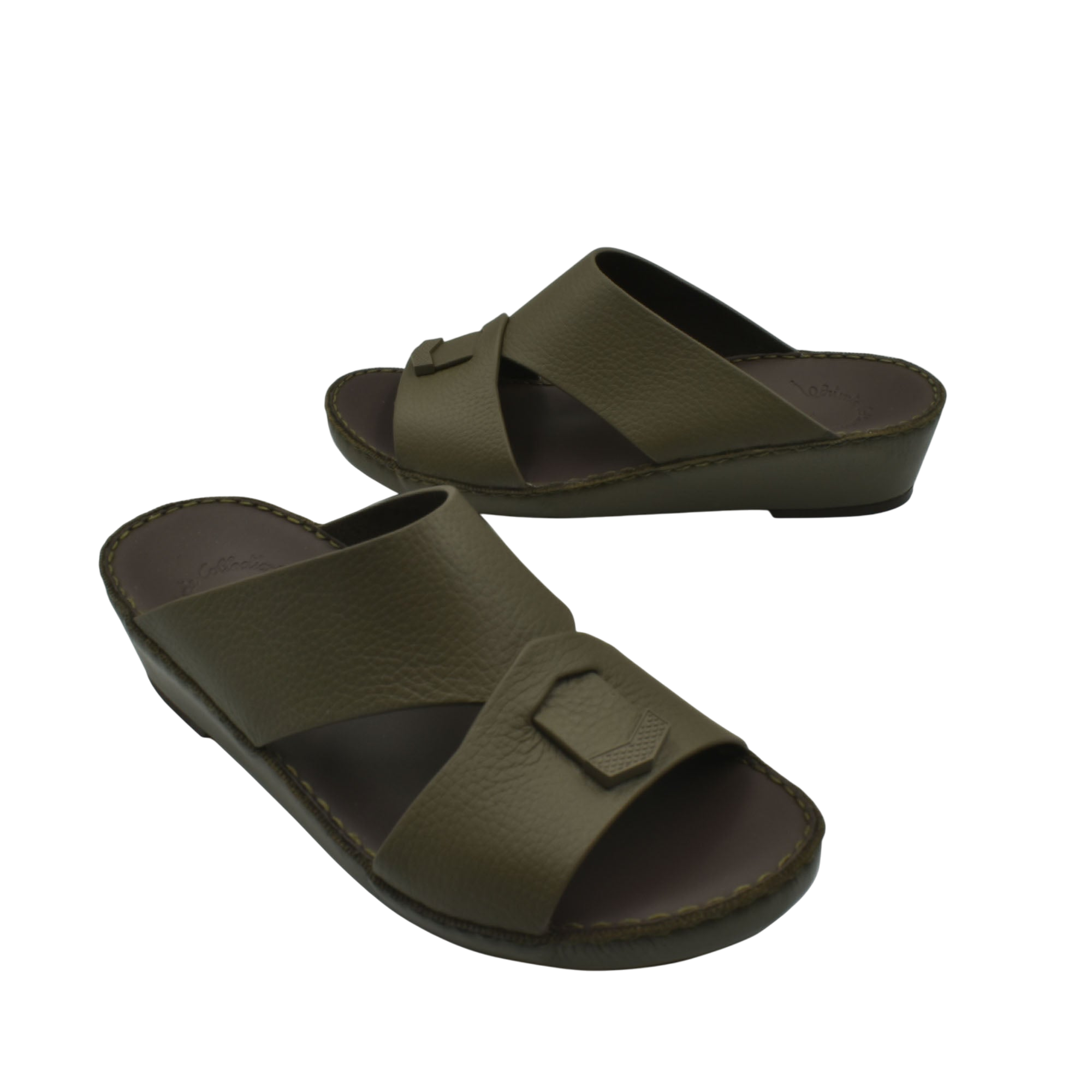 Trendy leather slide sandals in olive green with cushioned sole and cross-strap design