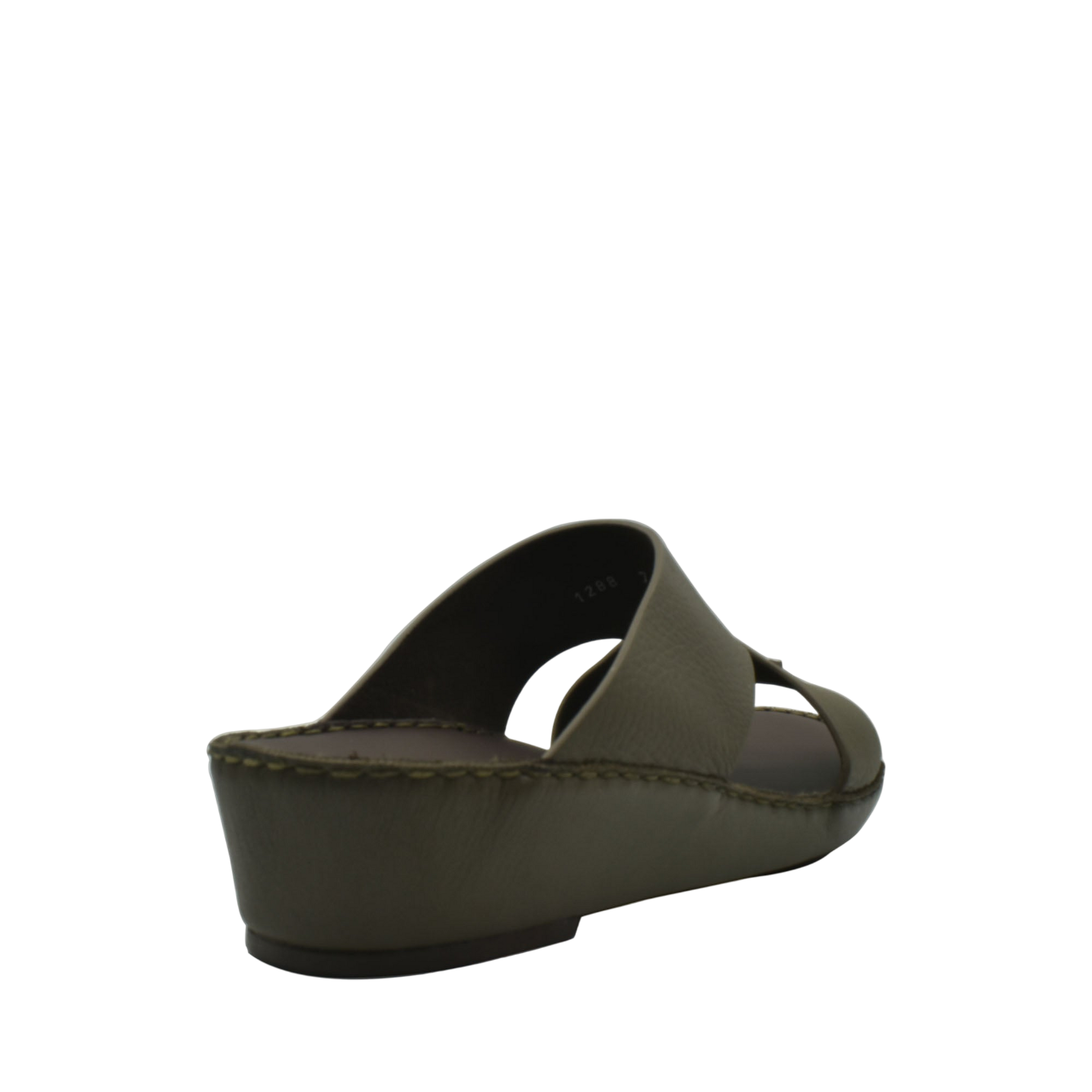 Olive green trendy leather slide sandals with wedge heel from Private collection