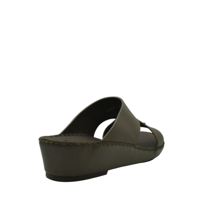 Olive green trendy leather slide sandals with wedge heel from Private collection