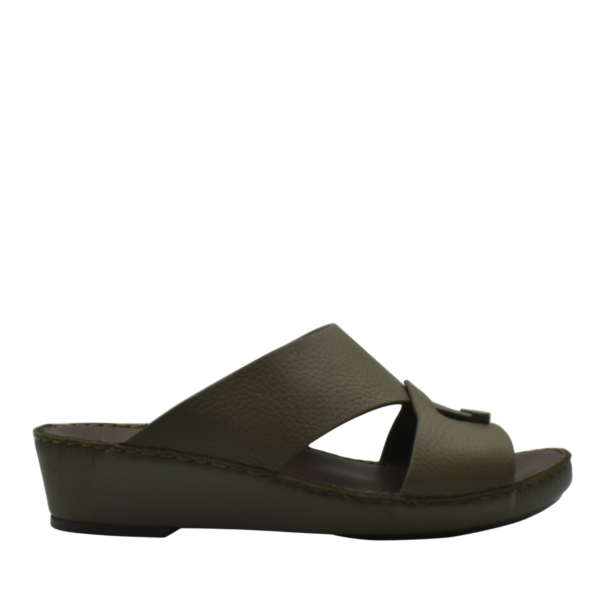 Trendy leather slide sandals in brown with open toe and wedge heel from private collection