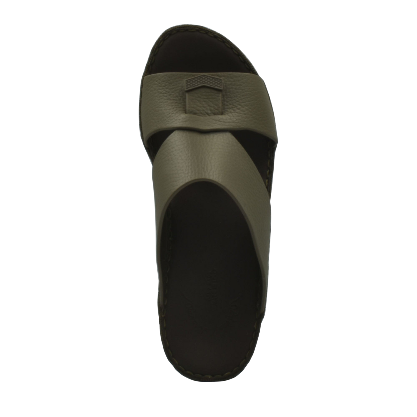 Top view of trendy leather slide sandals in olive green with wide straps and stitched sole