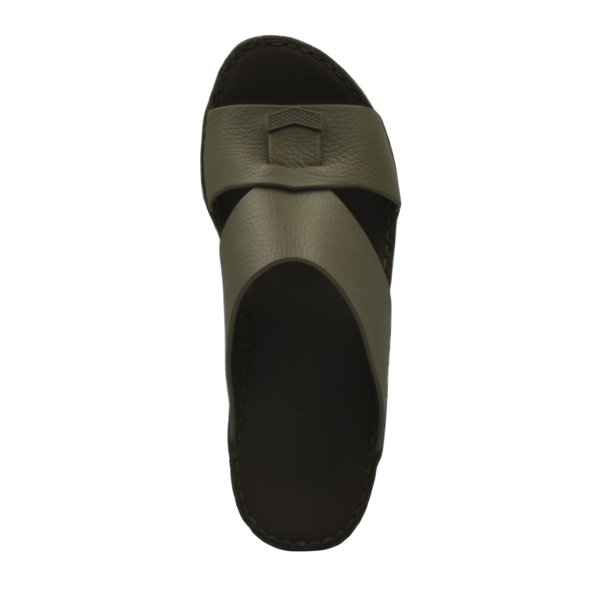 Top view of trendy leather slide sandals in olive green with wide straps and stitched sole