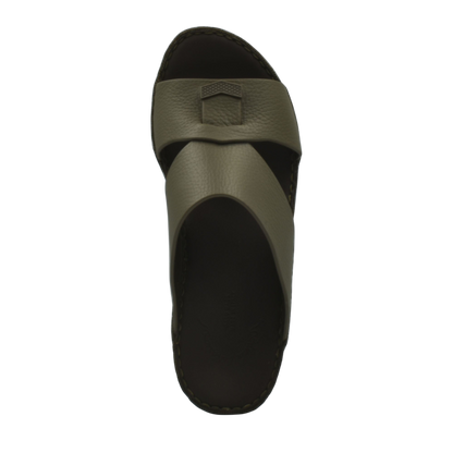 Top view of trendy leather slide sandals in olive green with wide straps and stitched sole