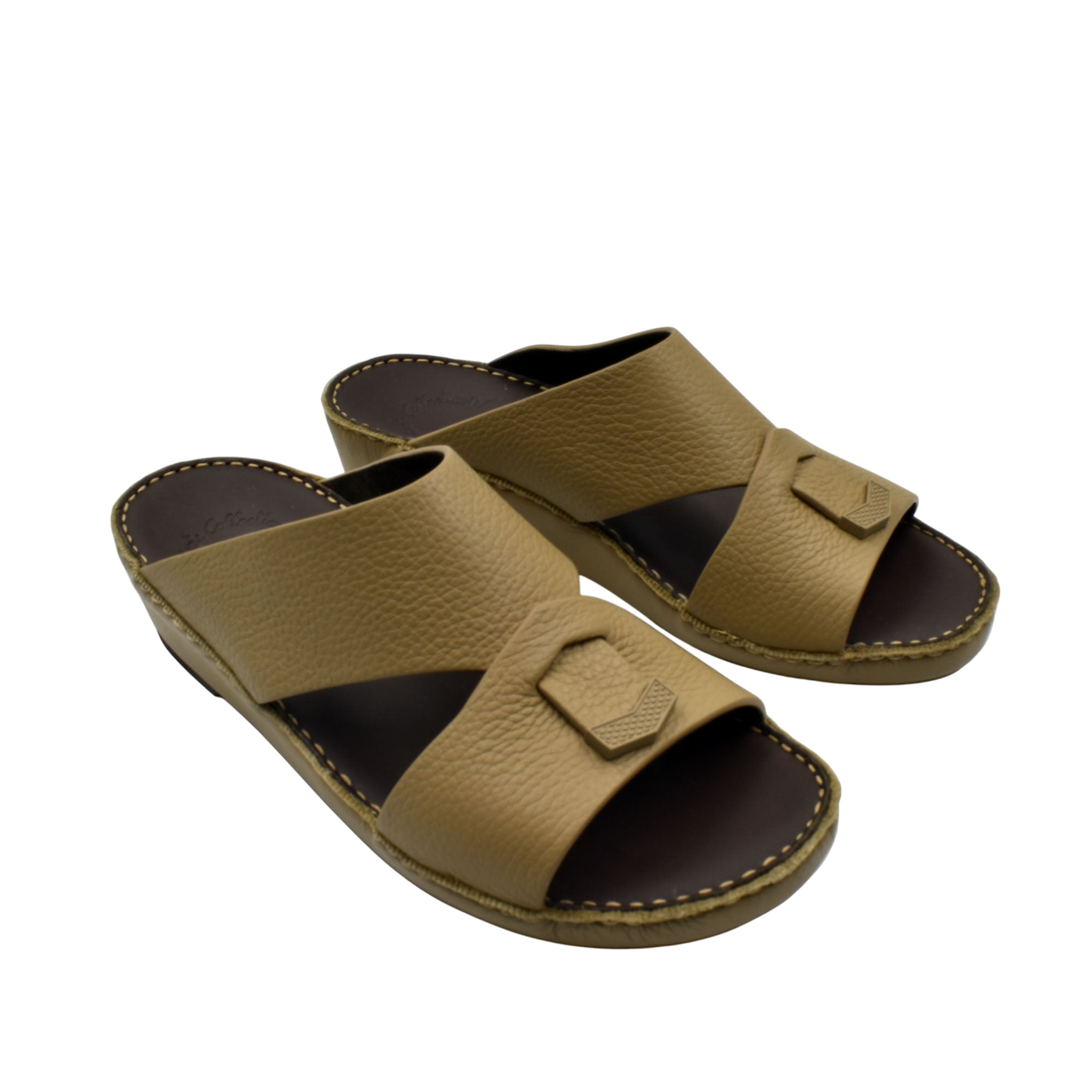 Trendy leather slide sandals in tan with wide straps and cushioned sole for comfortable wear