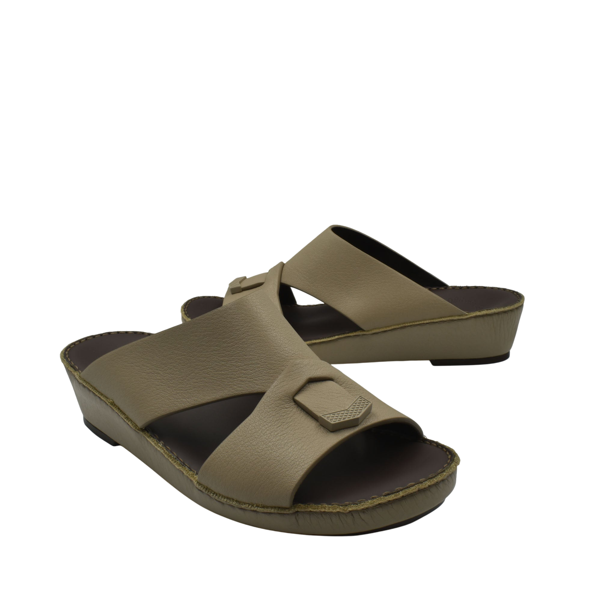 Trendy leather slide sandals in tan with wide cross straps and low wedge sole from Private Collection