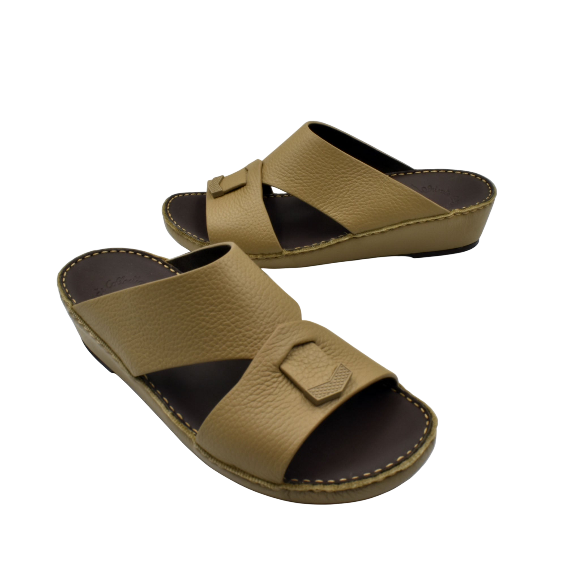 Beige trendy leather slide sandals with buckle detail and cushioned sole for comfortable wear