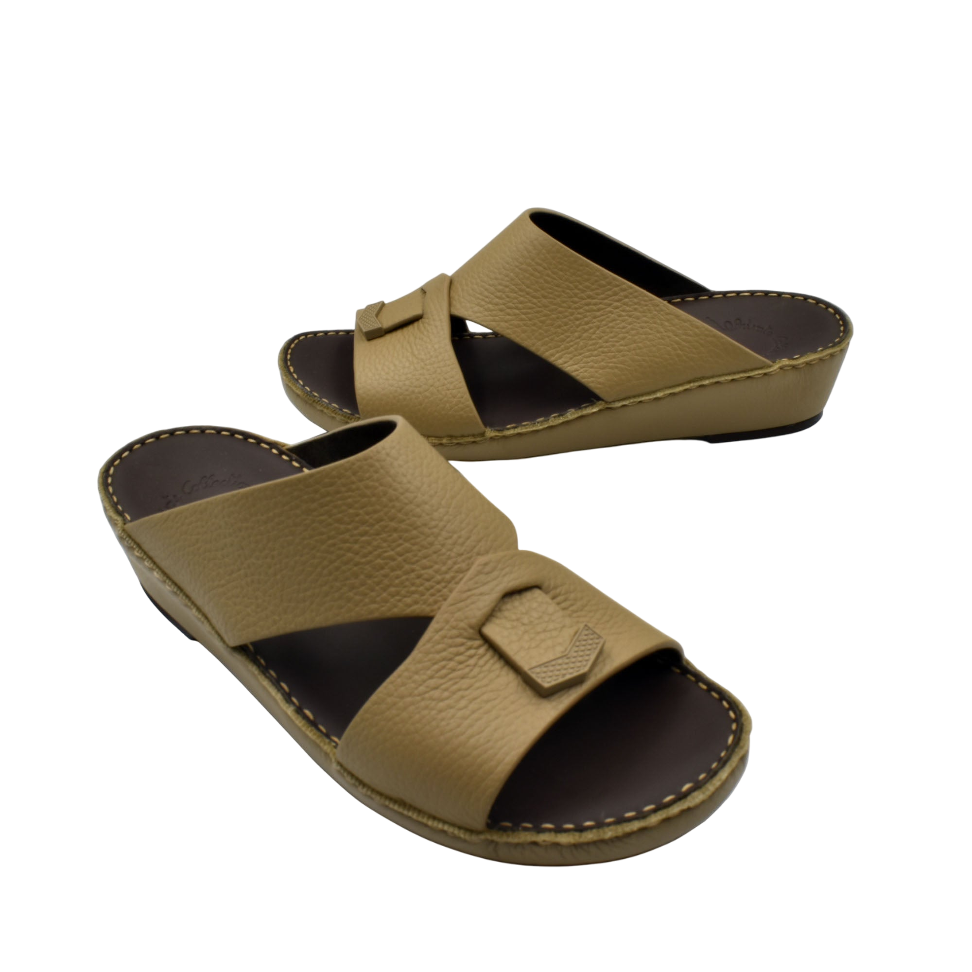 Beige trendy leather slide sandals with buckle detail and cushioned sole for comfortable wear