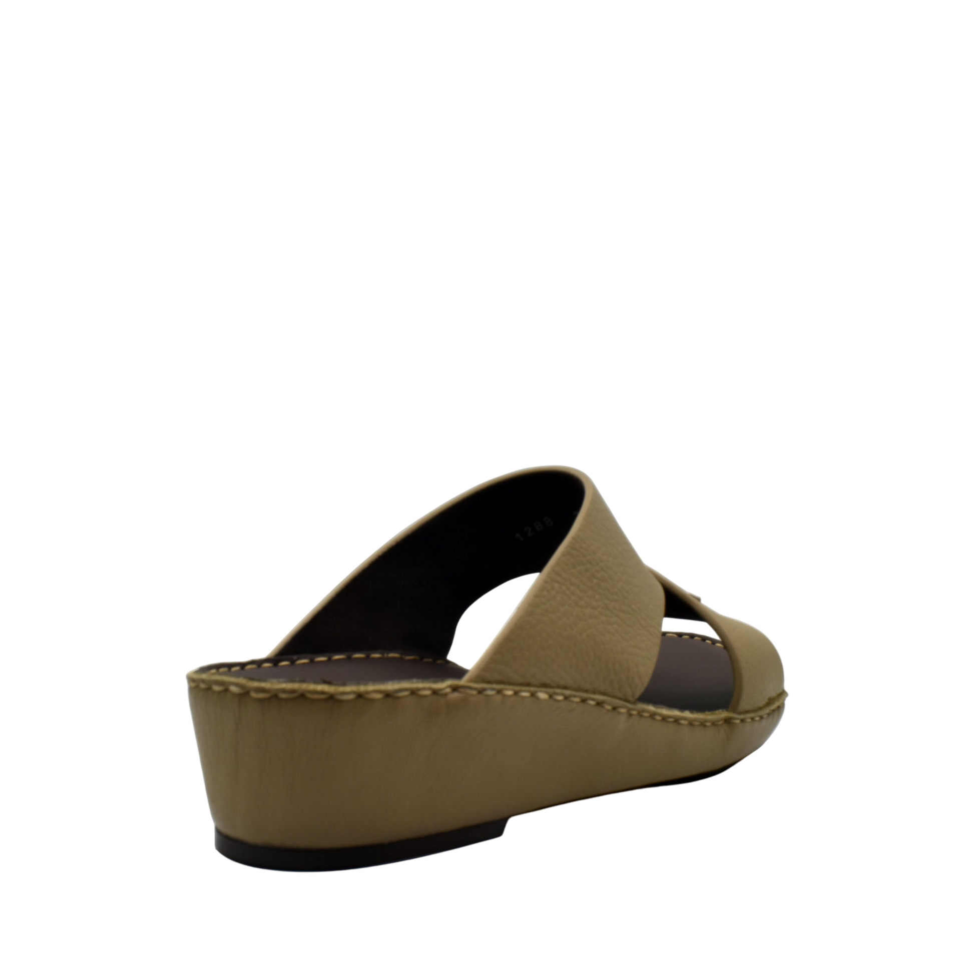 Beige trendy leather slide sandals with a slight wedge heel and open toe design