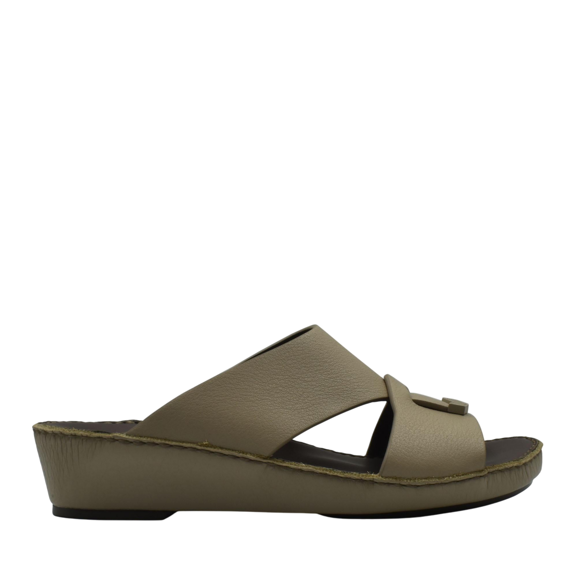 Taupe trendy leather slide sandals with a wedge sole from private collection