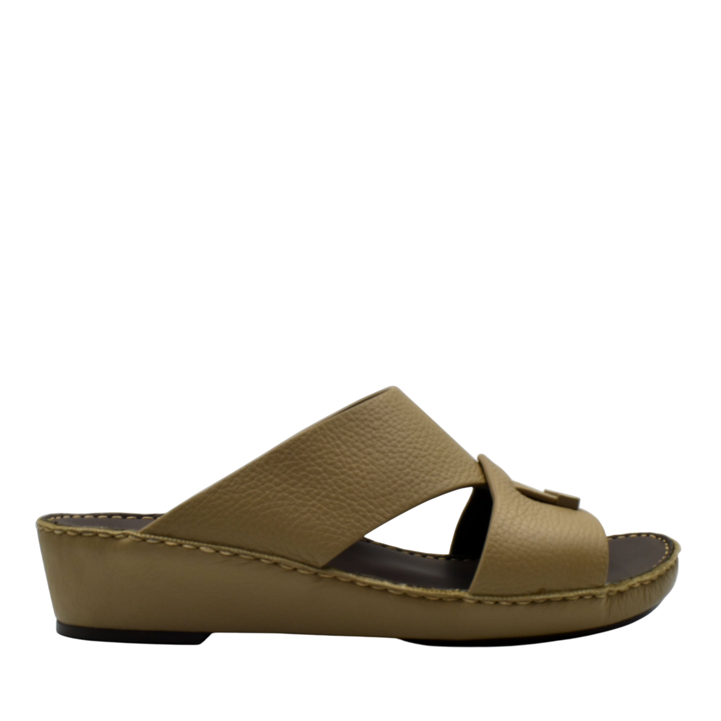 Trendy leather slide sandals in tan with cushioned sole and open toe design