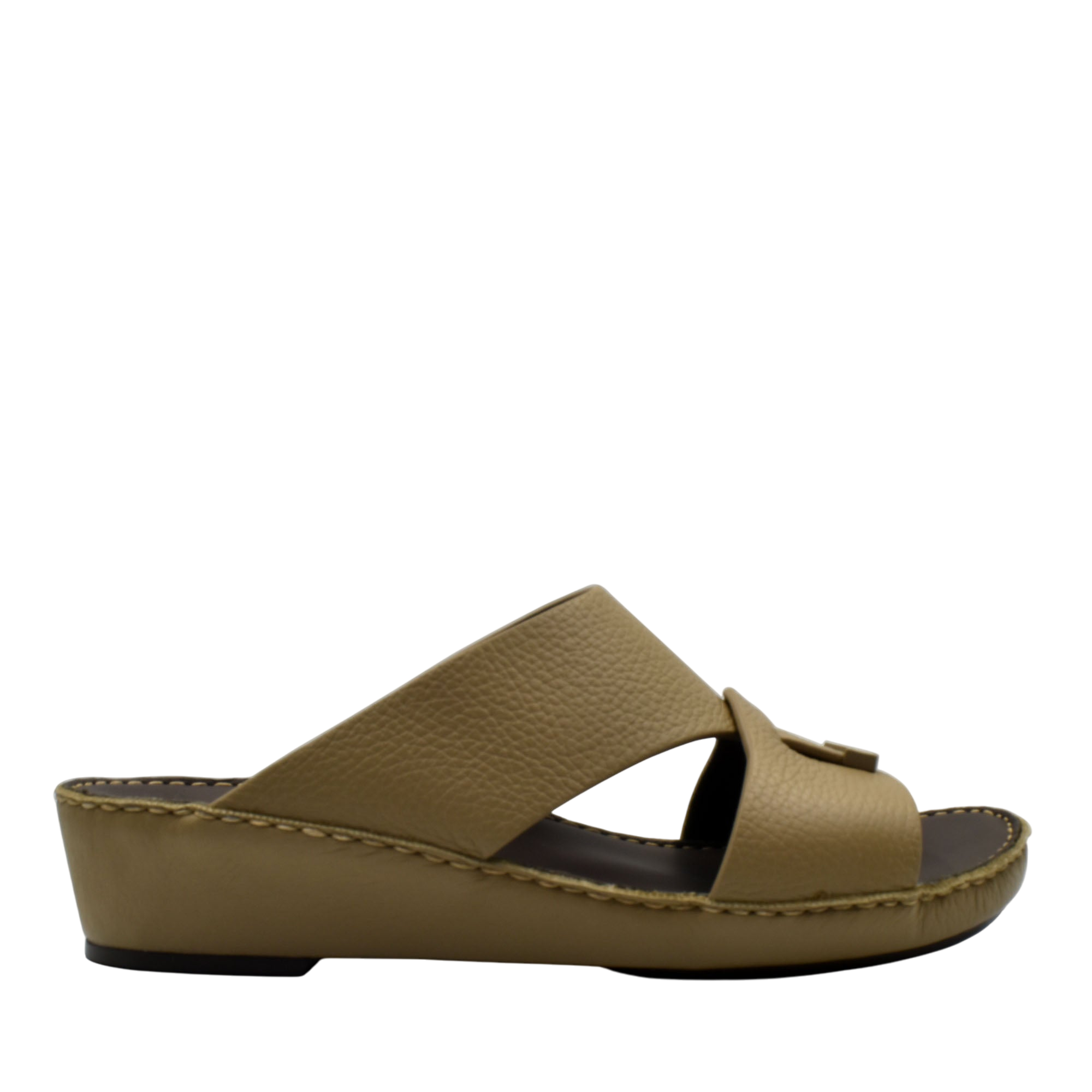 Trendy leather slide sandals in tan with cushioned sole and open toe design