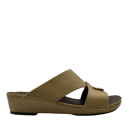 Trendy leather slide sandals in tan with cushioned sole and open toe design