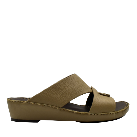 Trendy leather slide sandals in tan with cushioned sole and open toe design