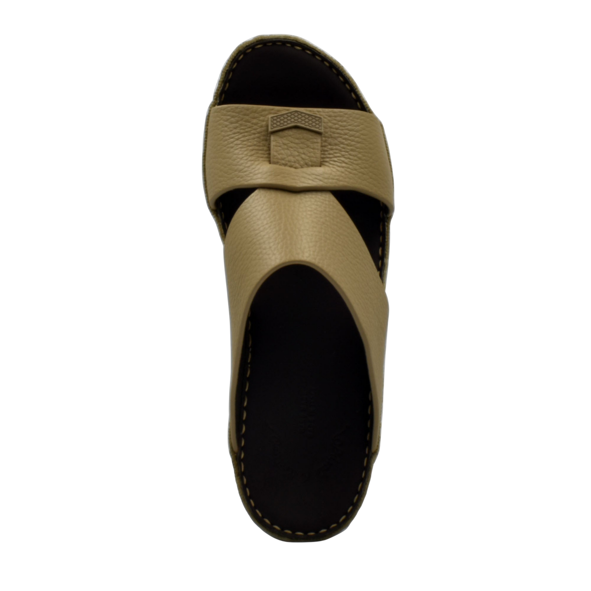 Beige trendy leather slide sandals with cushioned black sole and stylish cross strap design