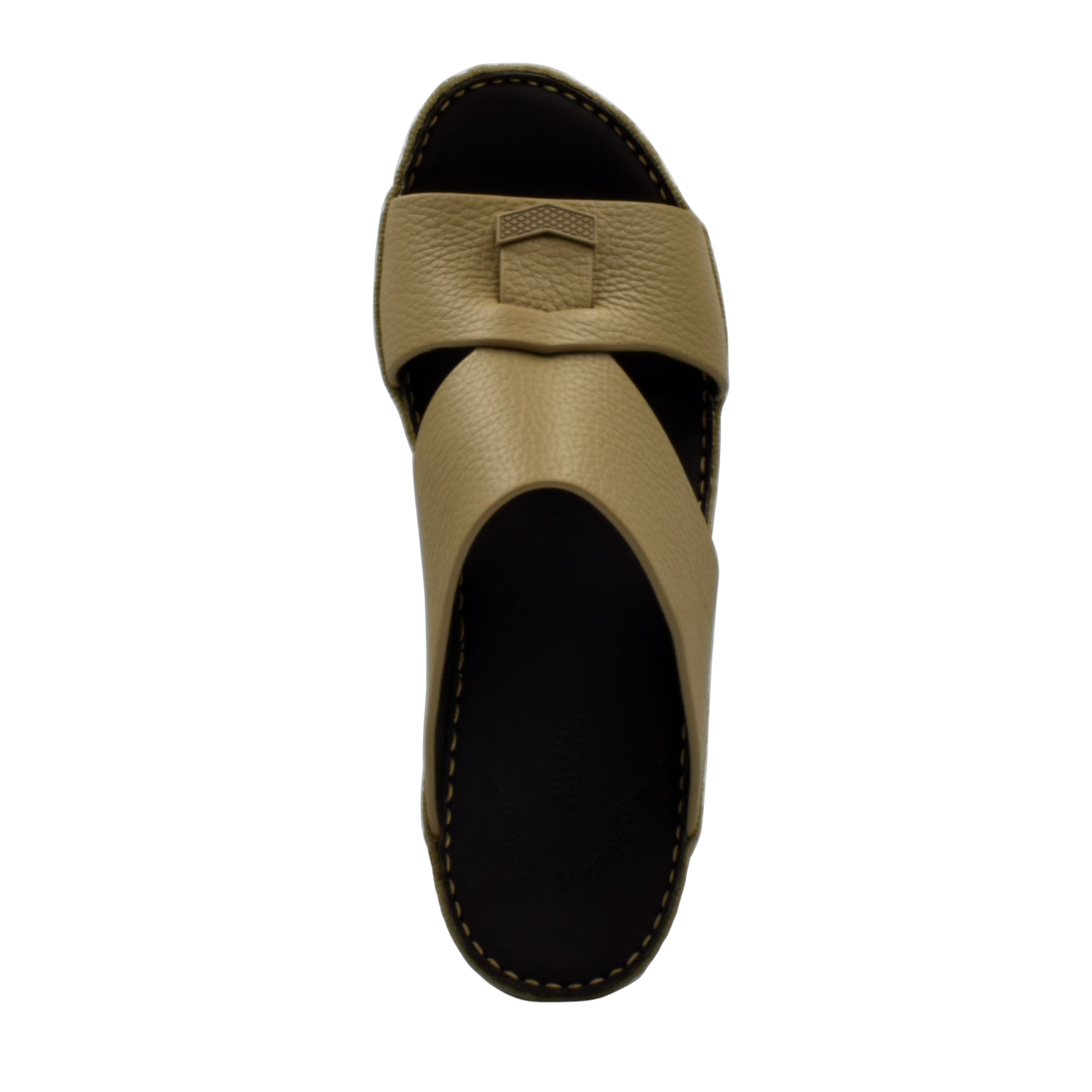 Beige trendy leather slide sandals with cushioned black sole and stylish cross strap design