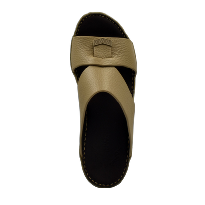 Beige trendy leather slide sandals with cushioned black sole and stylish cross strap design