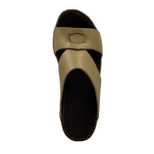 Beige trendy leather slide sandals with cushioned black sole and stylish cross strap design