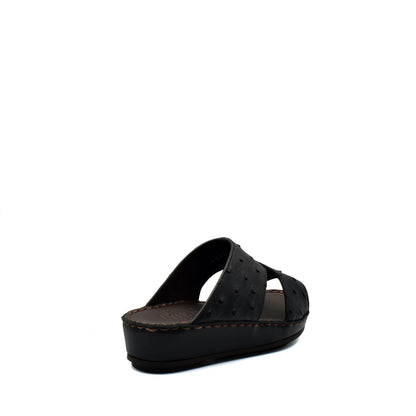 Black ostrich leather kids sandals with open toe and cushioned sole from Private Collection