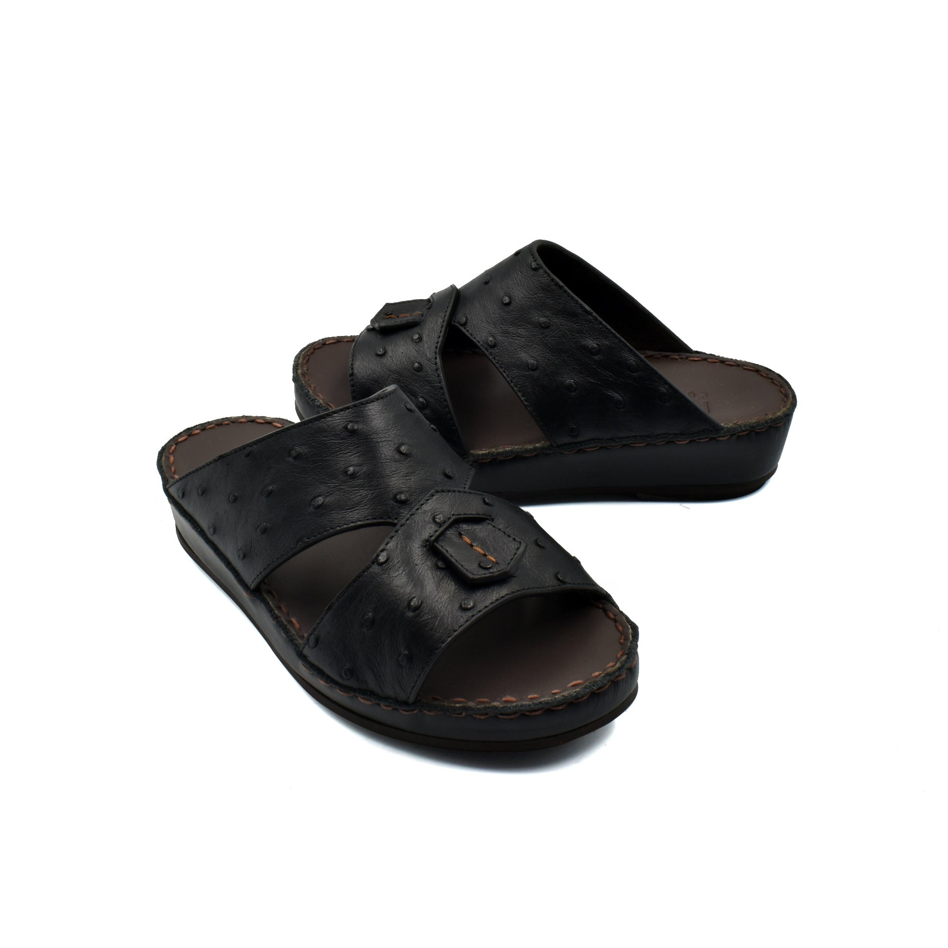 Black ostrich leather kids sandals with open toe and cushioned sole for comfort