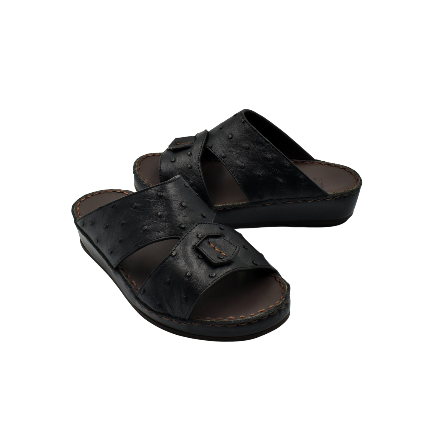 Black ostrich leather kids sandals with open toe and cushioned sole for comfort