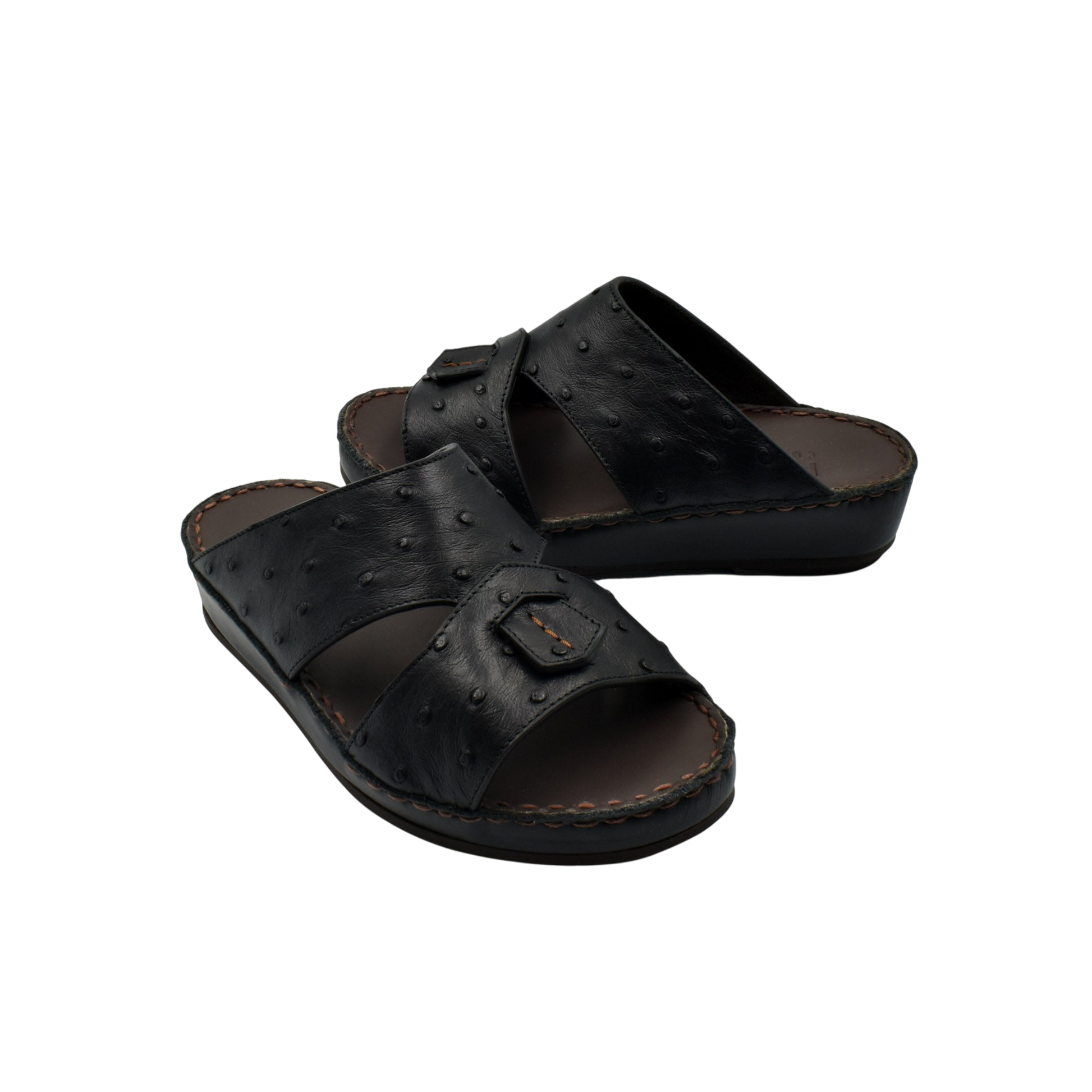 Black ostrich leather kids sandals with open toe and cushioned sole for comfort