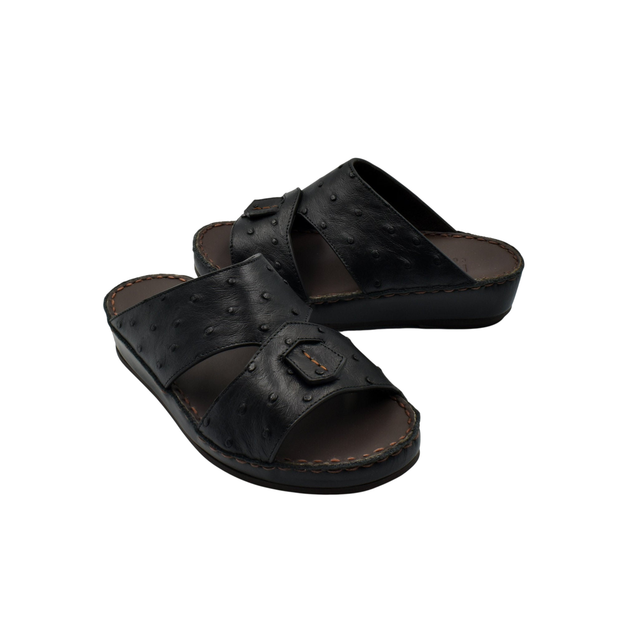Black ostrich leather kids sandals with open toe and cushioned sole for comfort