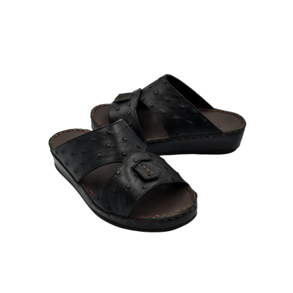 Black ostrich leather kids sandals with open toe and cushioned sole for comfort