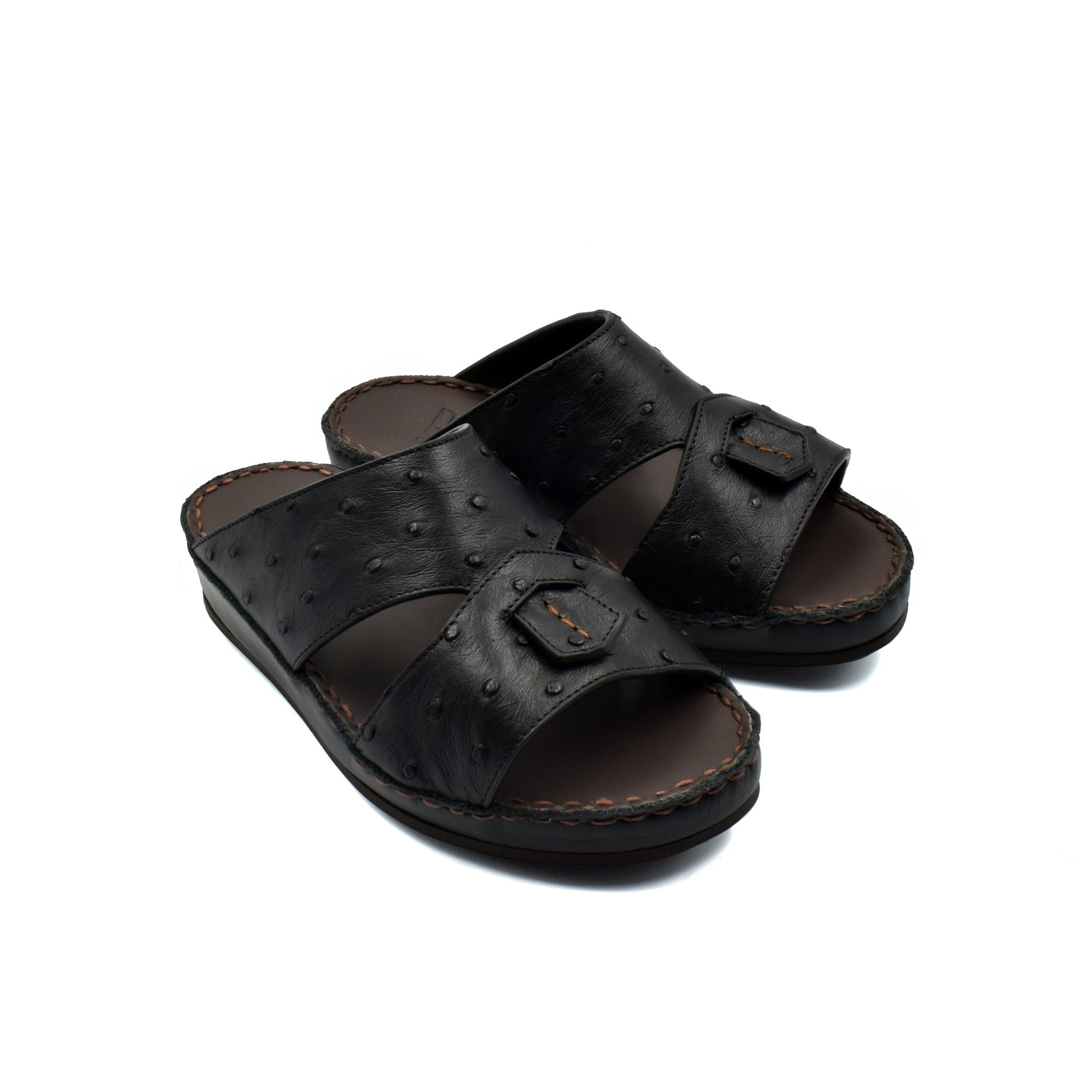 Black ostrich leather kids sandals with open toe and adjustable strap from private collection