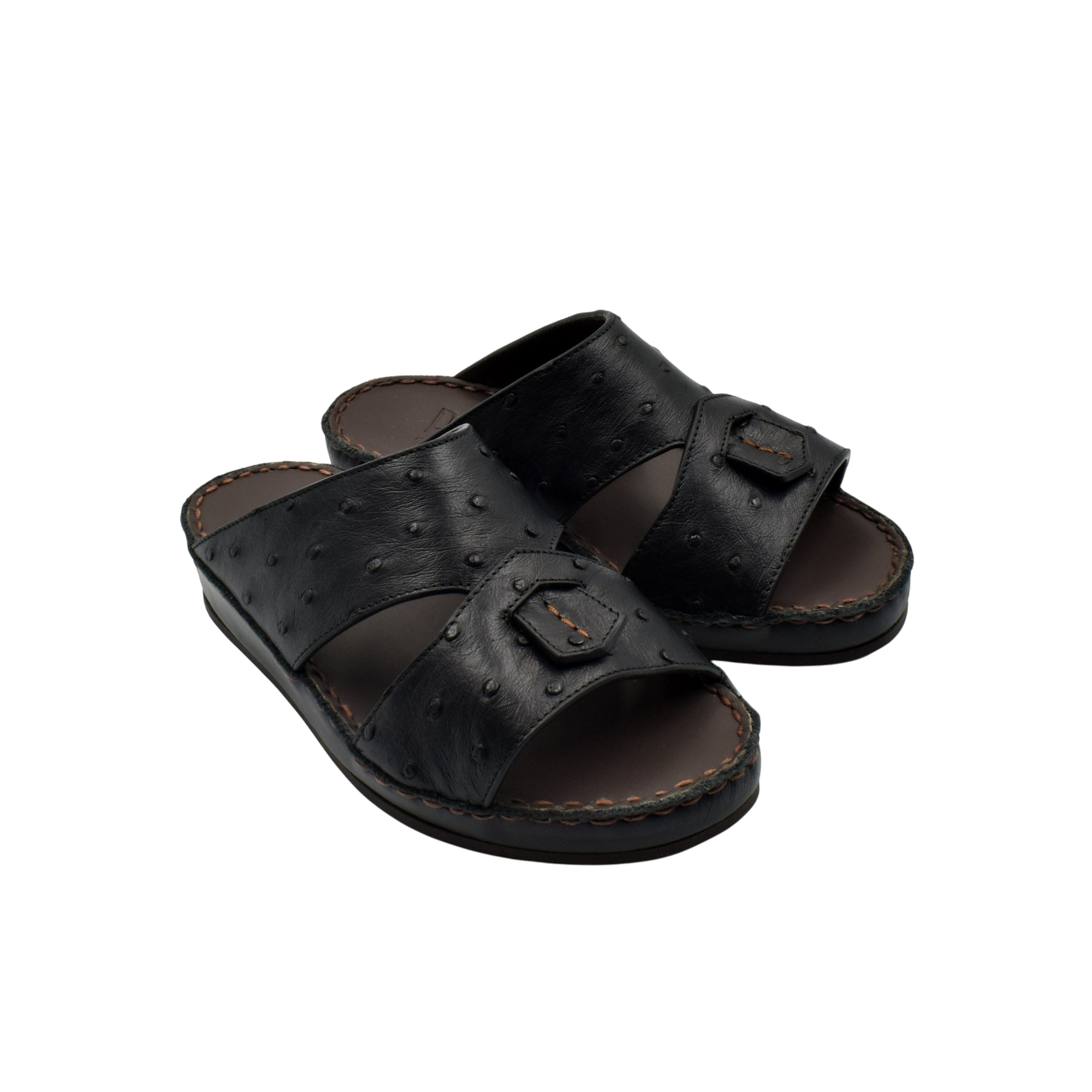Black ostrich leather kids sandals with open toe and adjustable strap from private collection