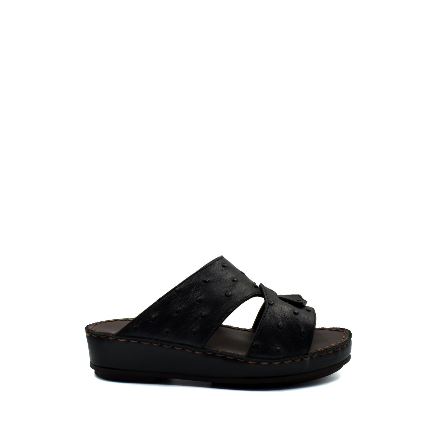 Black ostrich leather kids sandals with open toe and cushioned sole from Private collection