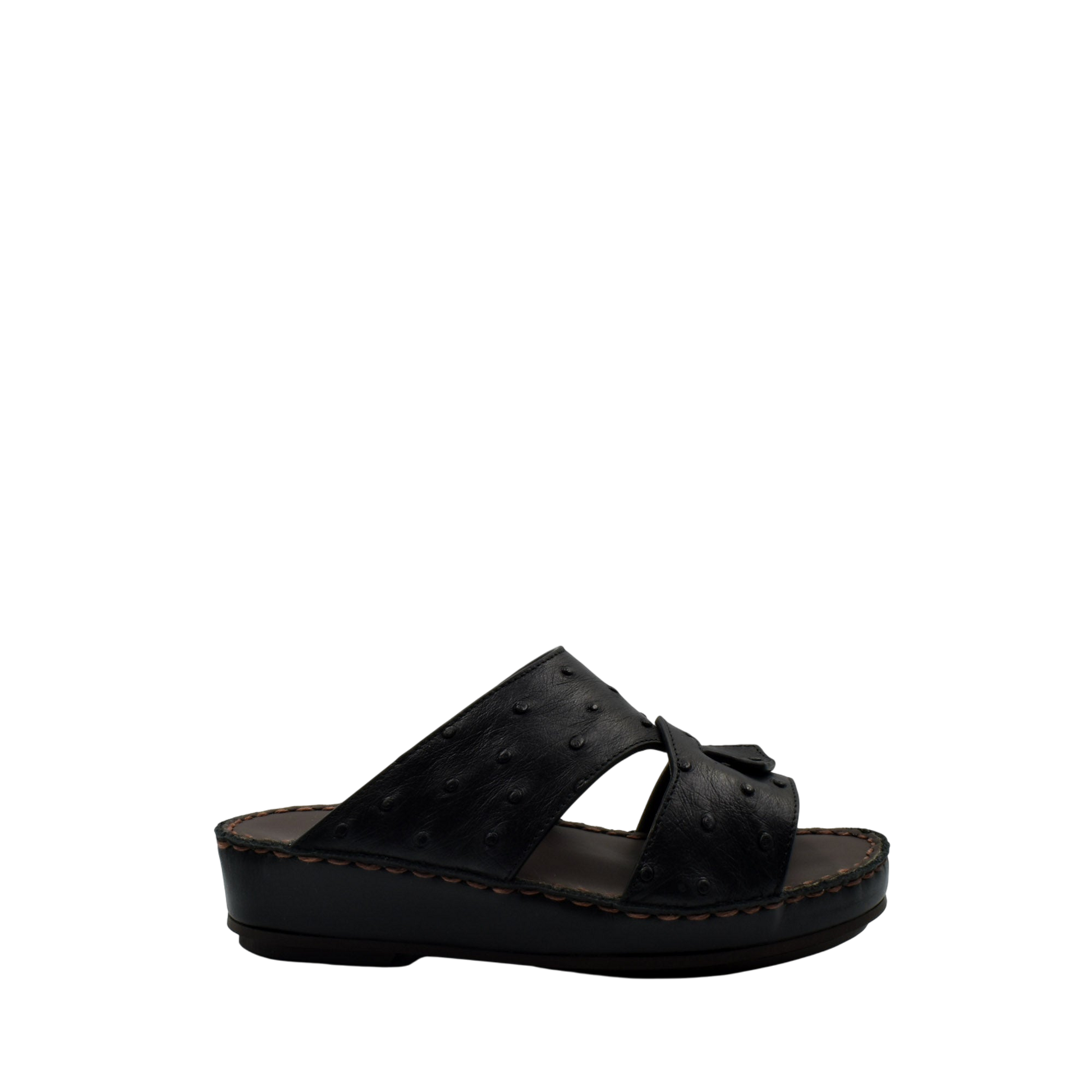 Black ostrich leather kids sandals with open toe and cushioned sole from Private collection