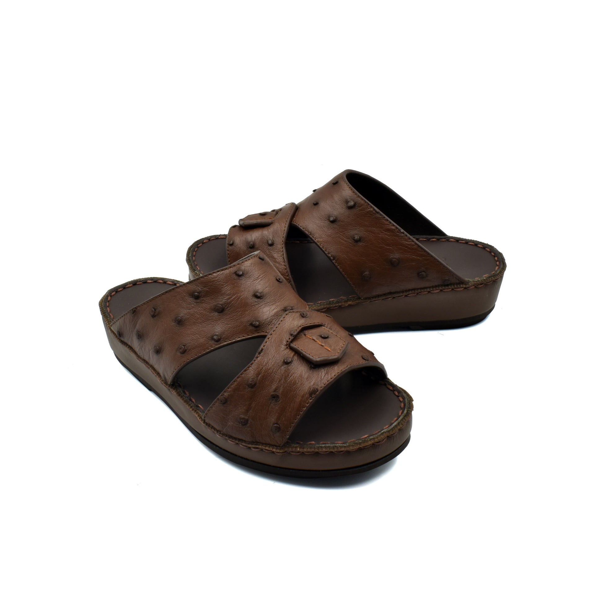 Brown ostrich leather kids sandals with textured design and adjustable strap from private collection
