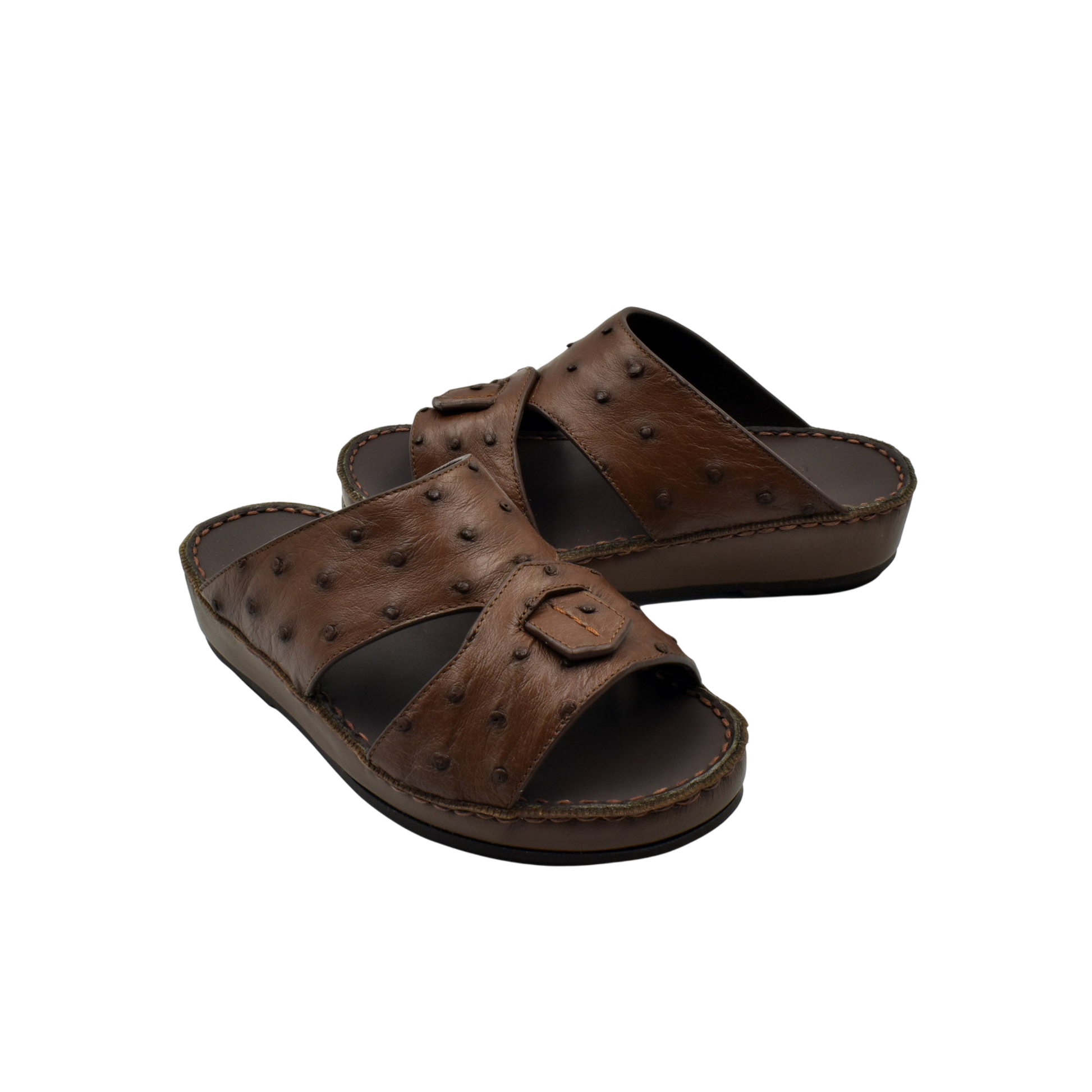 Brown ostrich leather kids sandals with textured design and adjustable strap from private collection