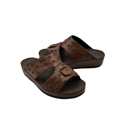 Brown ostrich leather kids sandals with textured design and adjustable strap from private collection
