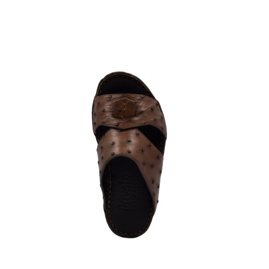 Brown ostrich leather kids sandals with cross strap design from Private Collection