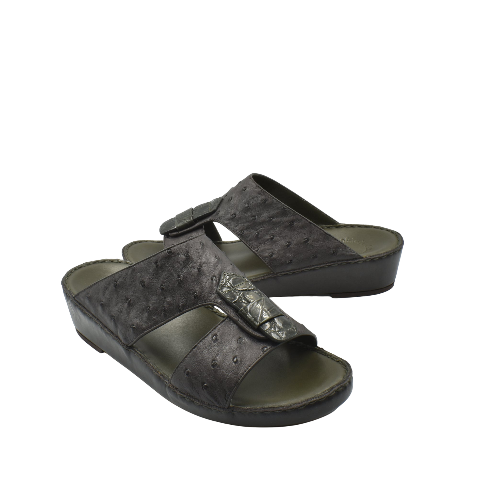 Black ostrich leather sandals from private collection with adjustable straps and comfortable sole
