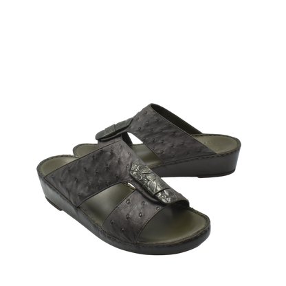 Black ostrich leather sandals from private collection with adjustable straps and comfortable sole
